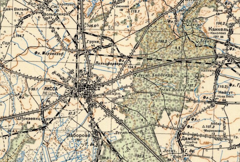 Wycinek barwnej mapy ukazującej okolice Leszna. Nadruki z nazwami miejscowości w języku rosyjskim. Zaznaczono sieć dróg, linii kolejowych, cieki wodne, kompleksy leśne i tereny uprawne. Wojska radzieckie wykorzystywały podobne mapy podczas ofensywy w 1945 roku.