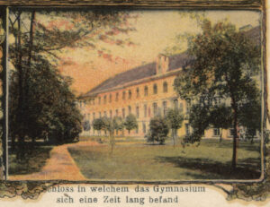 Budynek dawnego pałacu Sułkowskich w Lesznie służył jako gimnazjum w latach 1845–1882. Barokowa budowla zbudowana została na planie wydłużonego prostokąta. Dwupiętrowy obiekt przykrywa czterospadowy dach. Przed budynkiem założenie parkowe: alejki i drzewa. Pod wizerunkiem niemiecki napis: Zamek w którym przez pewien czas mieściło się gimnazjum.